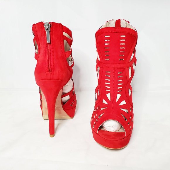 NWT Zip Back Rytner Red Heels by JustFab, Size 6 US, Open-toe - Picture 3 of 4